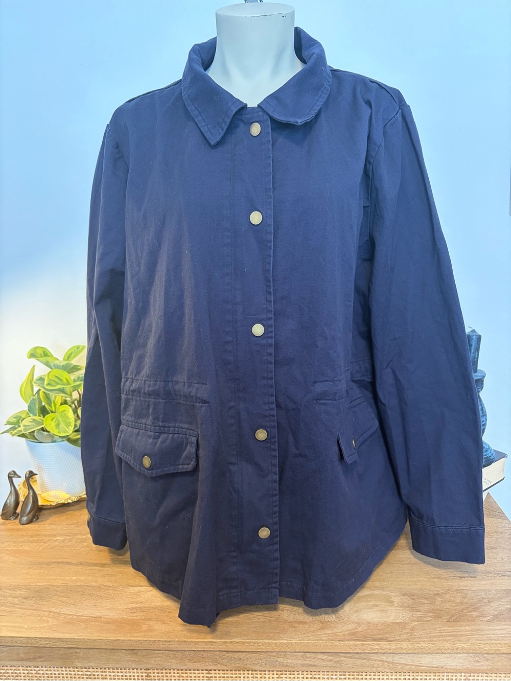 Allegra K Navy Blue Cotton Utility Anorak Field Jacket Drawstring XL